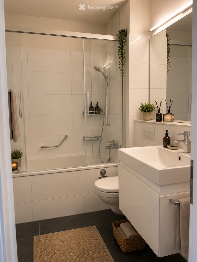 Modern bathroom with white tiles, a glass-enclosed shower, a sink with a modern faucet, a toilet, and decorative plants on the counter.