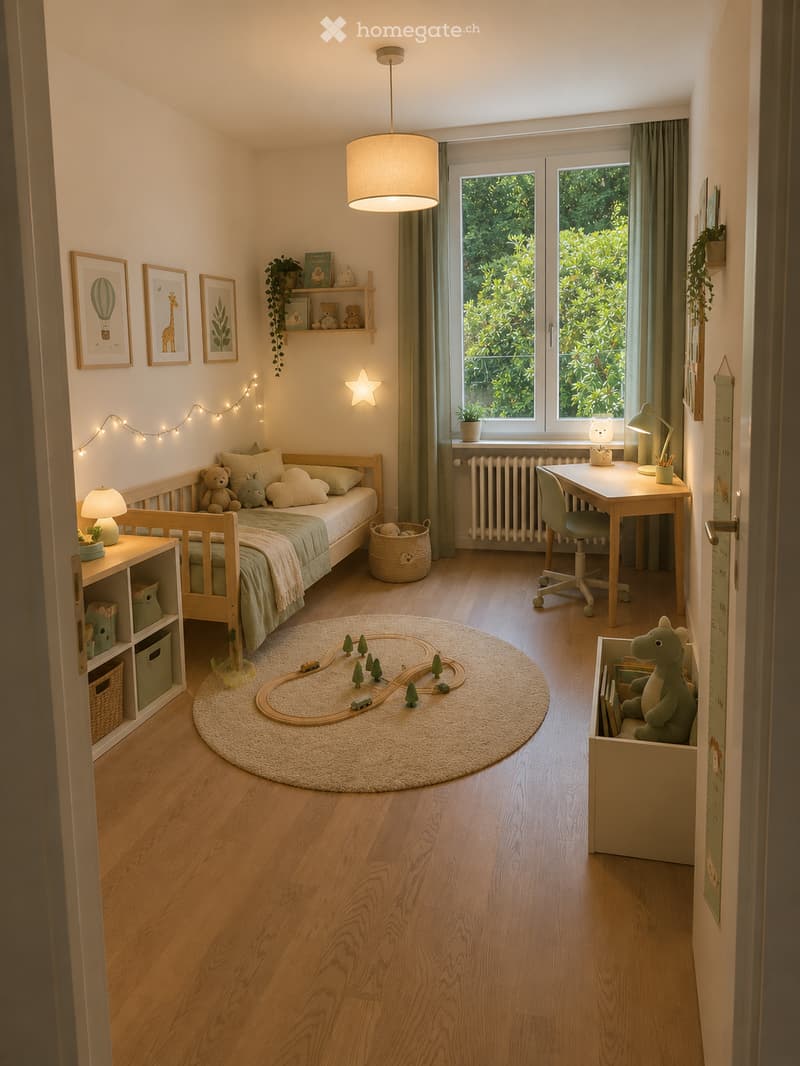 Cozy children's bedroom with a wooden bed, desk, chair, toy train set on a round rug, shelves with books and toys, and framed artwork on the walls.