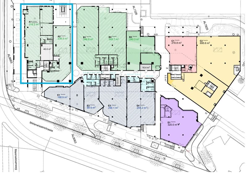 Floor plan of a multi-unit building with labeled rooms and areas, including residential units, common areas, and outdoor spaces.