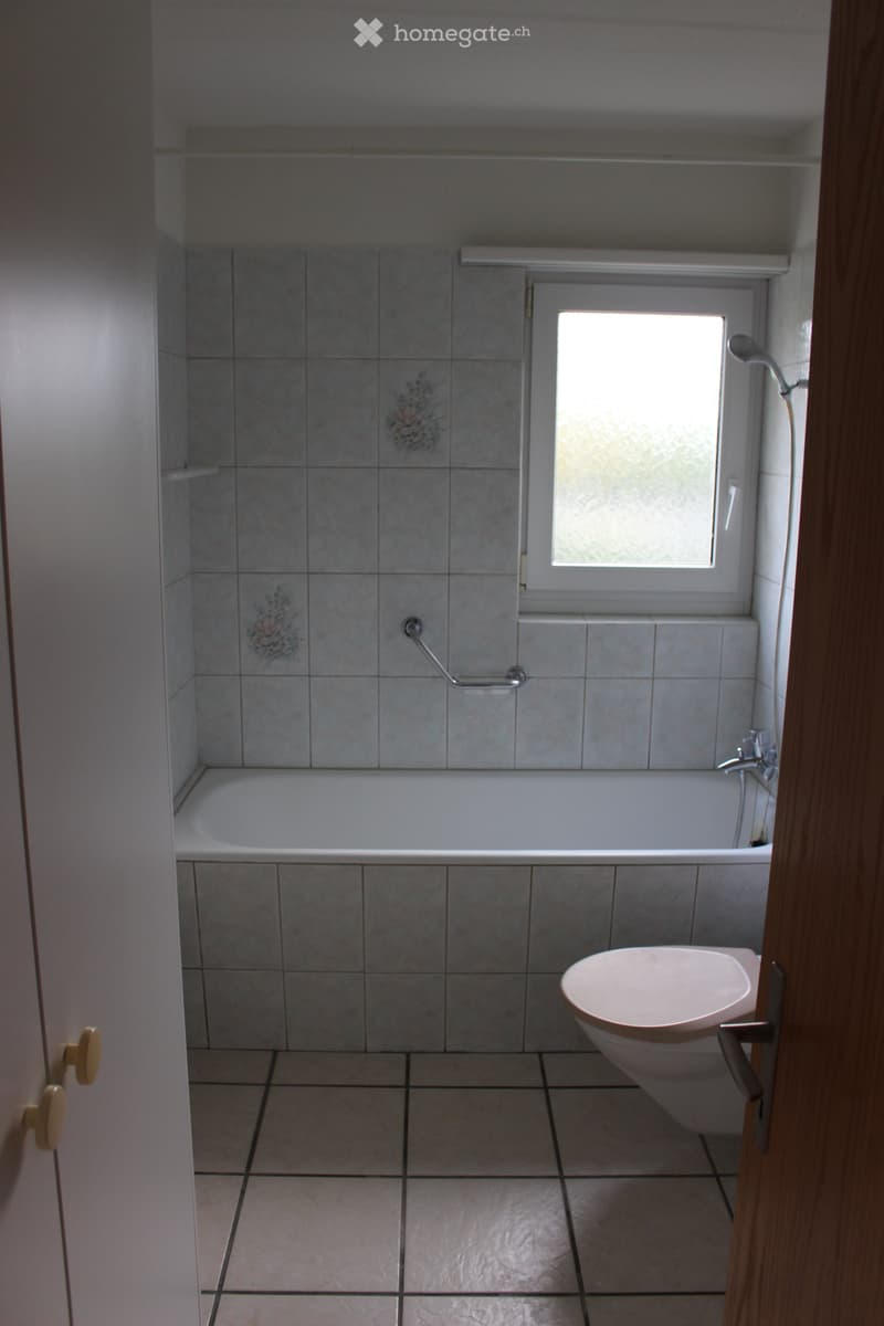 Modern bathroom with a toilet, shower area, and a window for natural light. The shower has a handheld sprayer and a built-in seat.