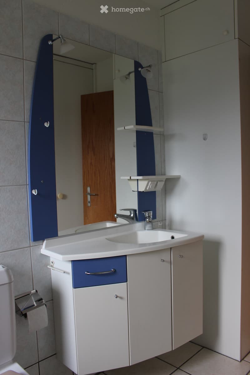 Modern bathroom with a white and blue vanity unit, a large mirror, and a sink with chrome fixtures.