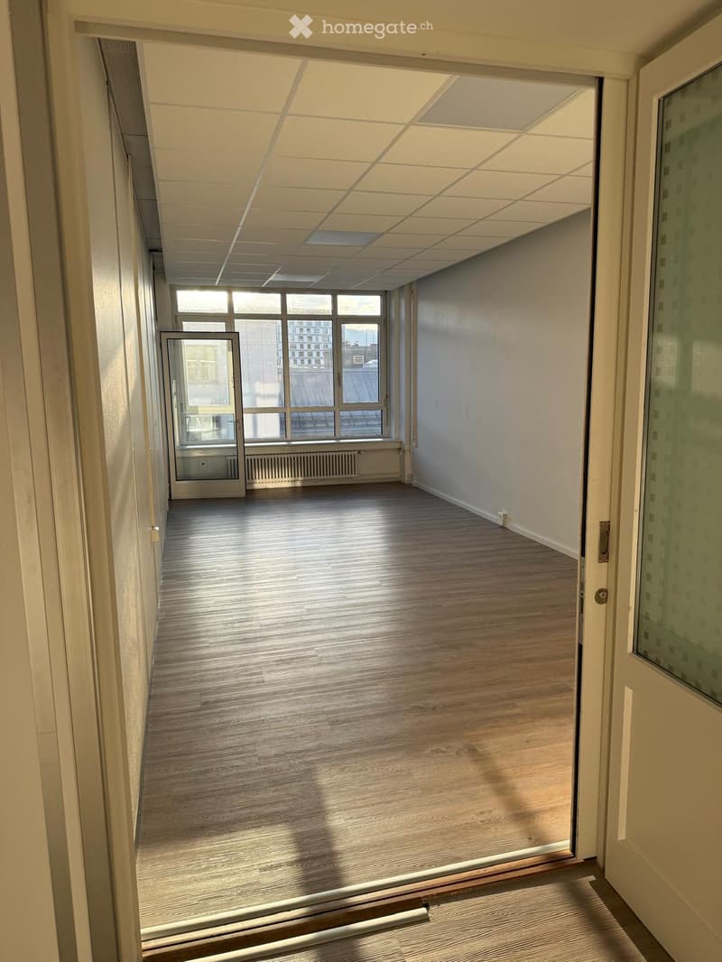 Empty hallway with wooden flooring, white walls, and large windows at the end, leading to an open space.