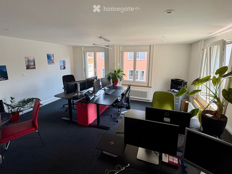 Office space with multiple desks, chairs, laptops, monitors, and plants. Large windows provide natural light.