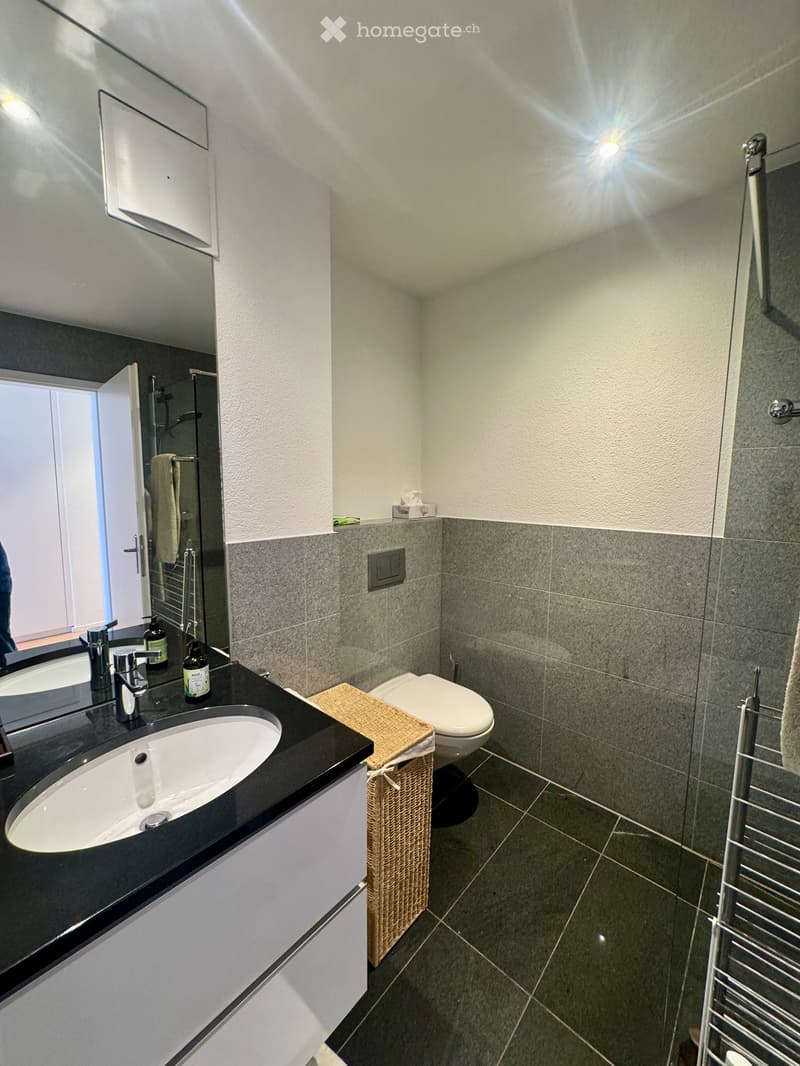 Modern bathroom with a white sink, black countertop, chrome faucet, toilet, and a wicker basket beside the toilet. The walls are tiled in grey, and a mirror is mounted above the sink.