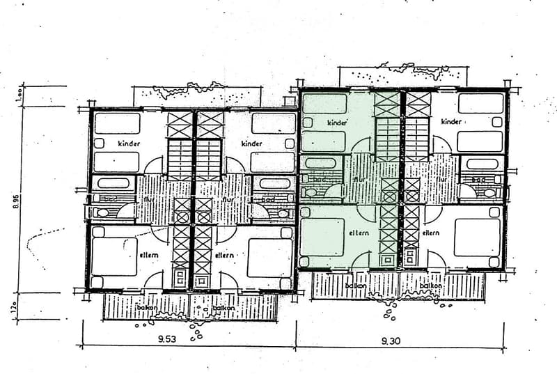 Floor plan of a multi-bedroom apartment with separate rooms for children and parents, including balconies.