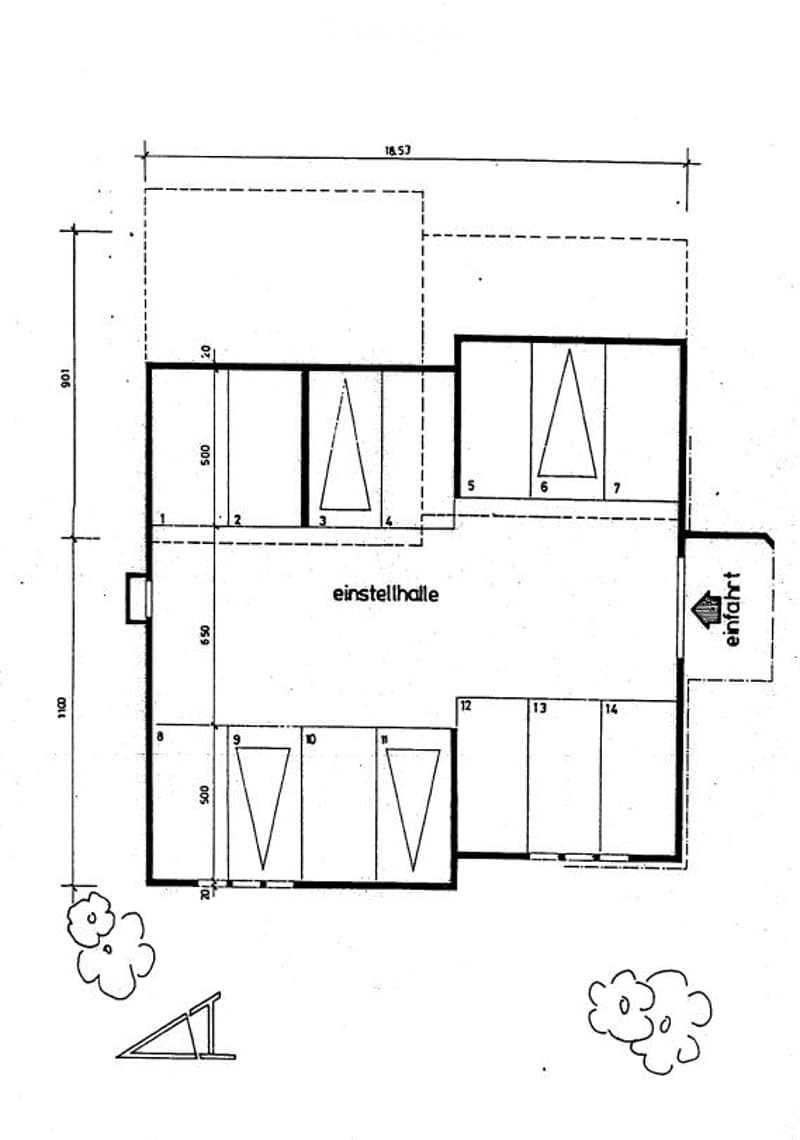 Floor plan of a garage with labeled sections and dimensions.