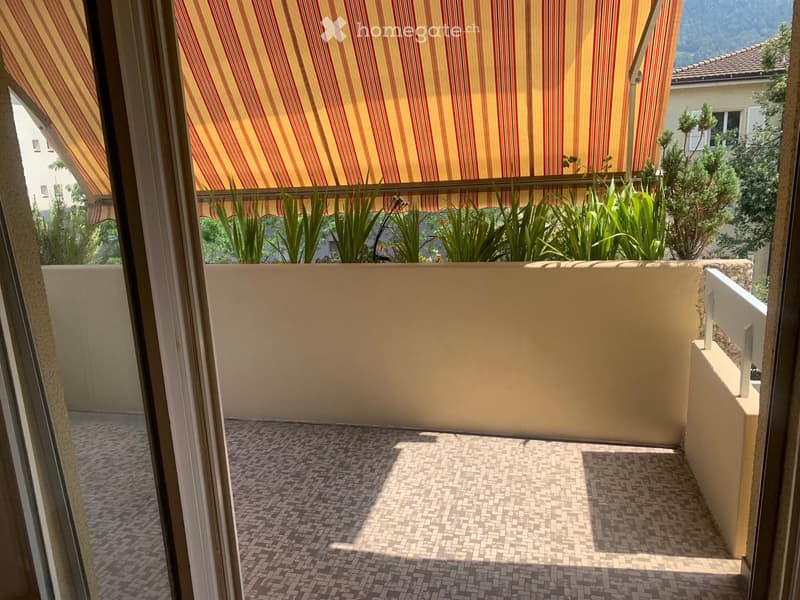 Balcony with tiled floor, beige walls, striped awning, and small plants in the background.