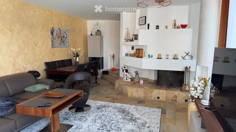 Modern living and dining area with a fireplace, sofa, coffee table, dining table, and decorative items.