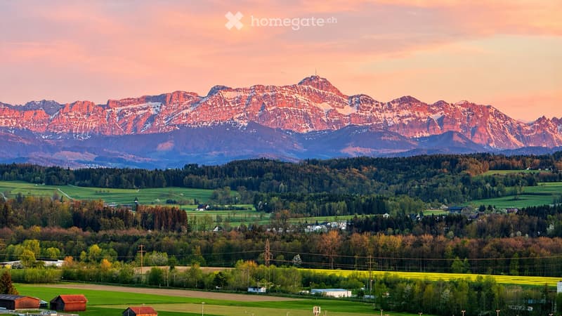 A panoramic view of a lush green valley with scattered houses, surrounded by dense forests and towering mountains under a warm sunset sky.
