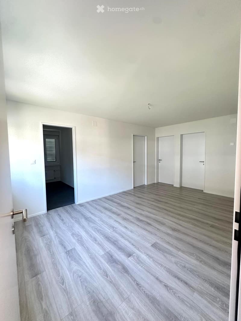 Empty room with light grey wooden flooring and white walls, featuring multiple doors and a visible light fixture on the ceiling.