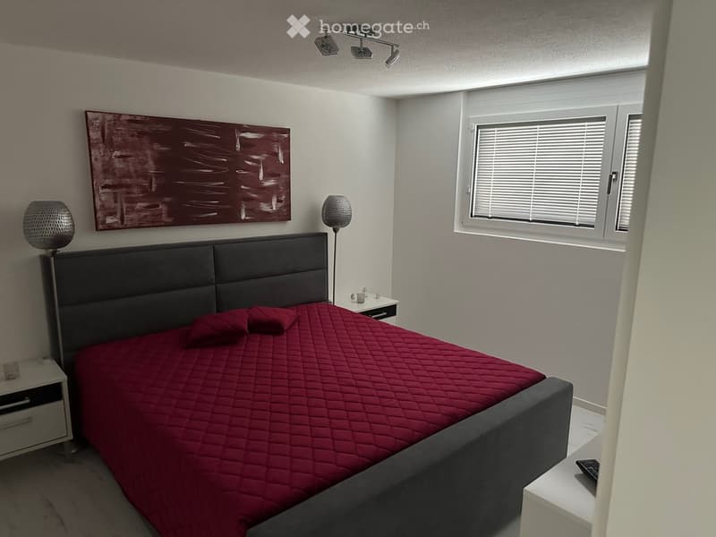 Modern bedroom with a large bed, red quilt, grey headboard, nightstands, lamps, and a decorative painting on the wall.