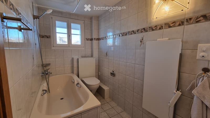 Modern bathroom with a bathtub, toilet, shower, and a large mirror. The space features tiled walls and a window providing natural light.