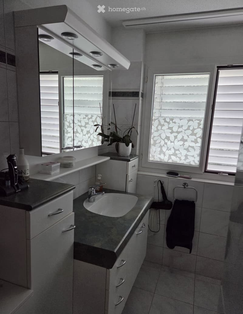 Modern bathroom with a sink, mirror, cabinet, and a potted plant on the windowsill. The room features tiled walls and a window with frosted glass.