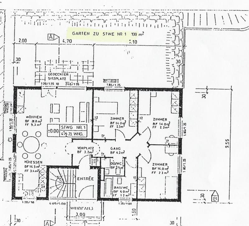 Floor plan of a residential unit showing multiple rooms including living area, bedrooms, kitchen, bathroom, entrance, hallway, and outdoor space.