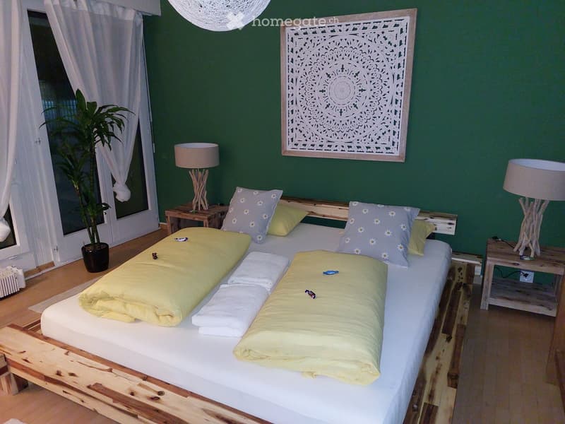 Cozy bedroom with a wooden bed frame, two pillows, nightstands, lamps, and a potted plant near the window.