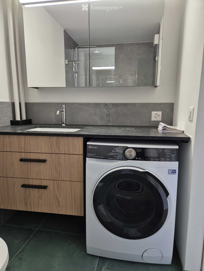Modern bathroom with a sink, faucet, mirror, wooden cabinet, and a washing machine.