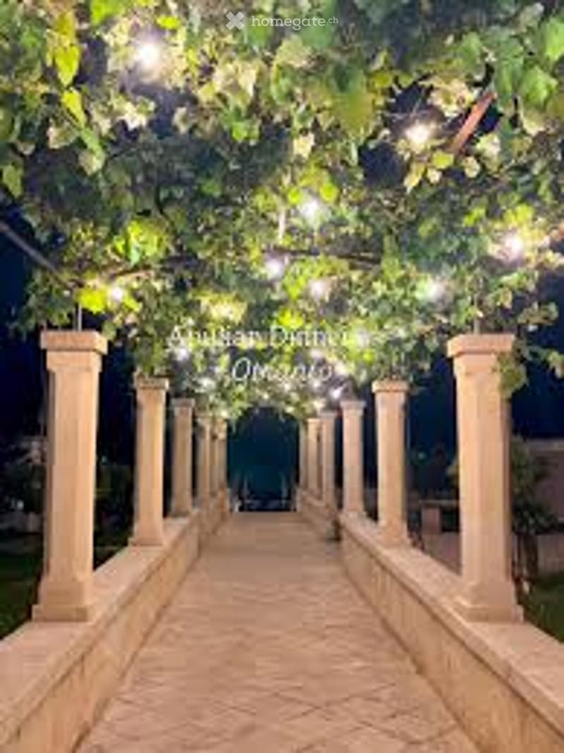 A nighttime garden pathway lined with stone columns and draped with vines, illuminated by string lights.