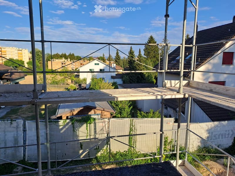 Scaffolding over a backyard with multiple houses, greenery, and blue sky