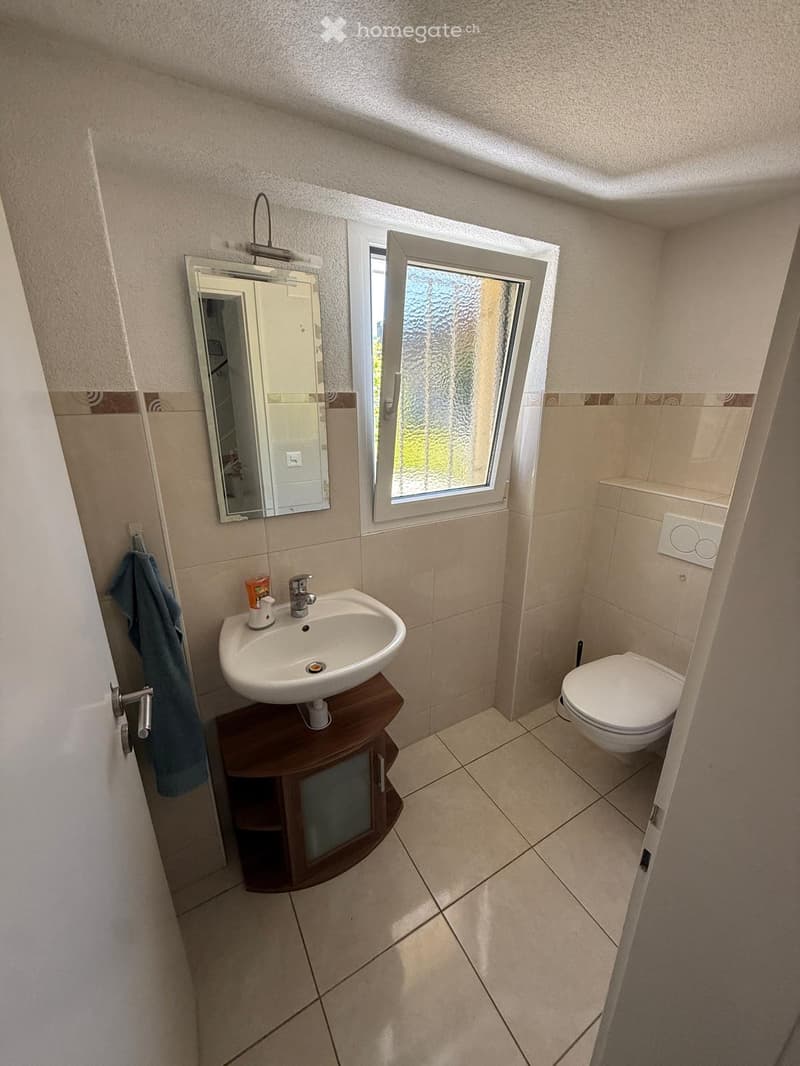 Small bathroom with a white sink, mirror, toilet, and wooden cabinet. Light-colored tiles and a frosted window provide natural light.