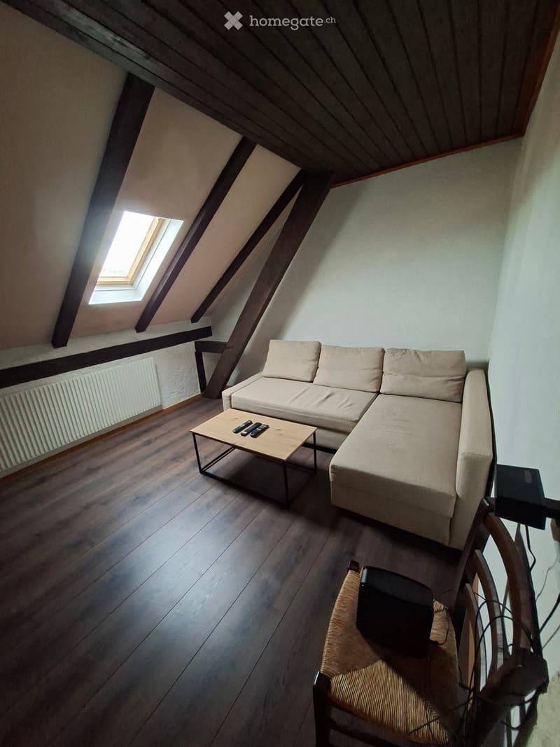 Attic living room with wooden floors, slanted wooden ceiling, skylight window, sofa, coffee table, and a wicker chair.