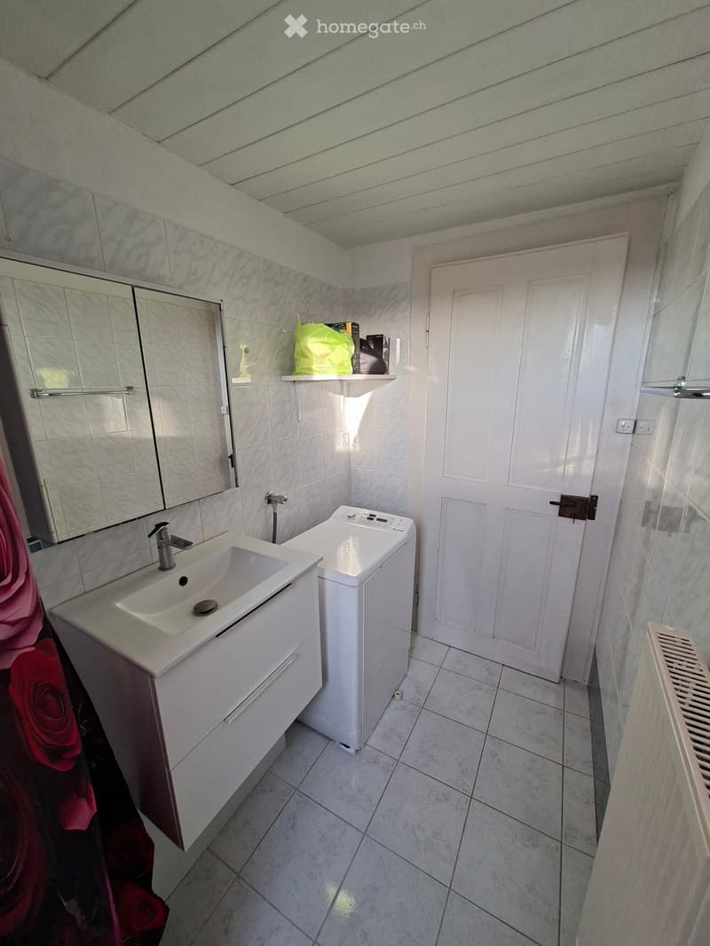 Bathroom with a white sink, washing machine, mirror, and a door leading to another room. The walls are tiled, and a radiator is visible on the right side.