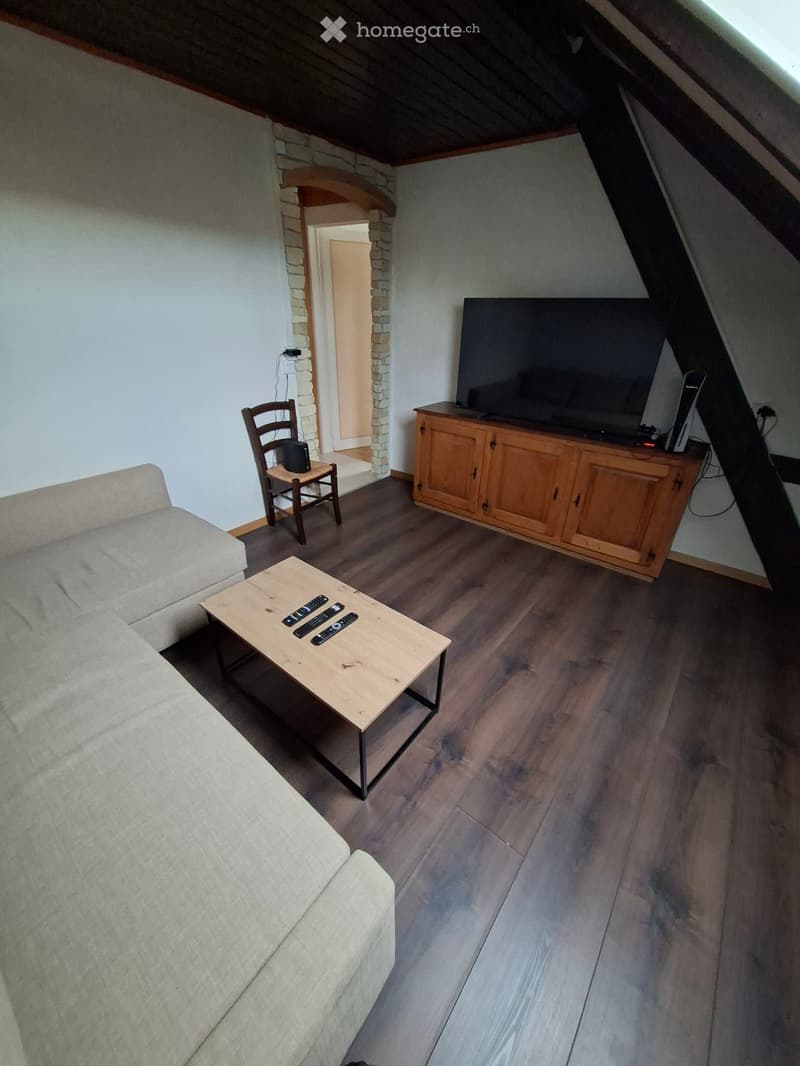 Living room with a sofa, coffee table, chair, television on a wooden cabinet, and remote controls on the coffee table.