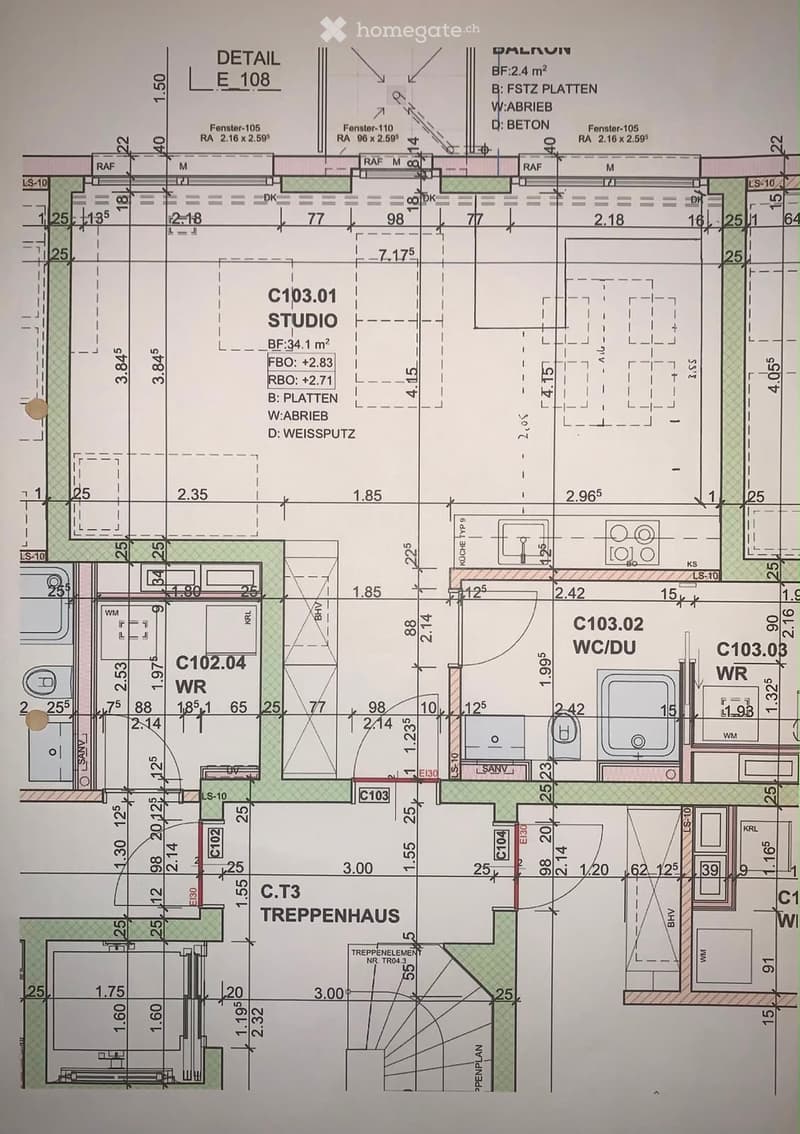 Floor plan showing a studio, WC/DU, WR, and Treppenhaus (staircase) with labeled dimensions and room codes.