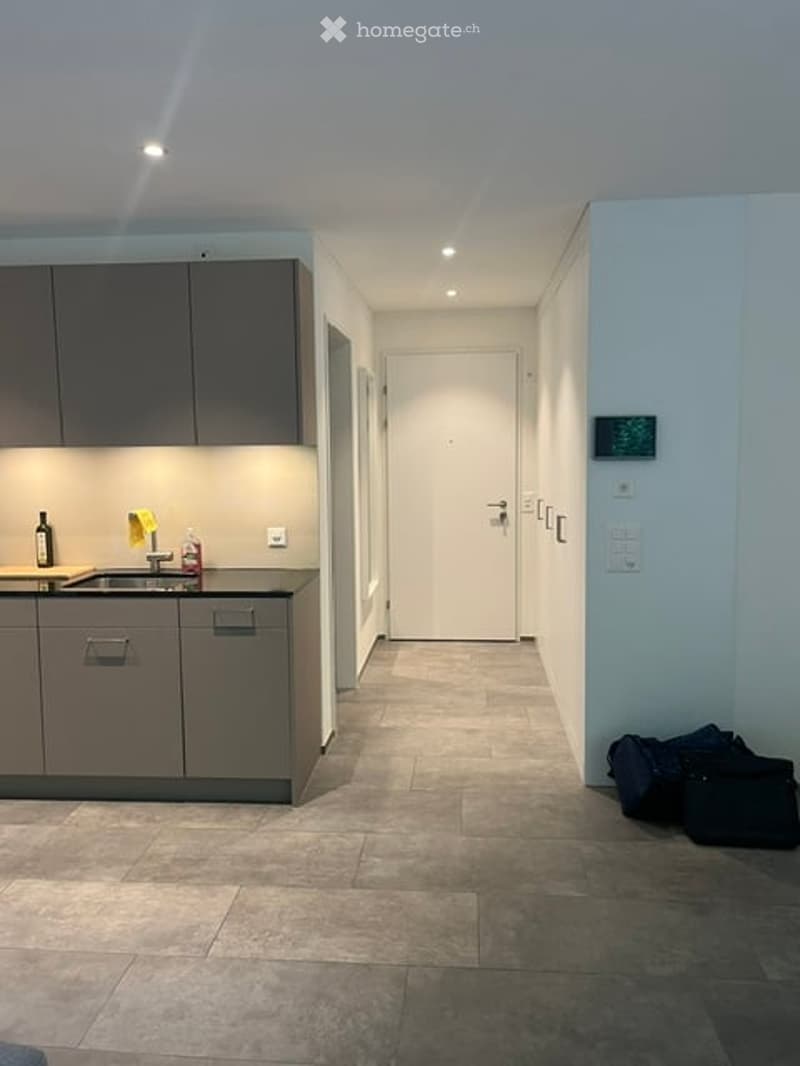 Modern kitchen with grey cabinets, a sink, and a bottle on the counter. The floor is tiled, and the walls are light blue. There is a door at the end of the hallway.