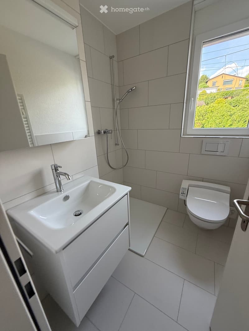 Modern bathroom with white tiles, a sink with a chrome faucet, a toilet, and a shower hose attached to the wall.