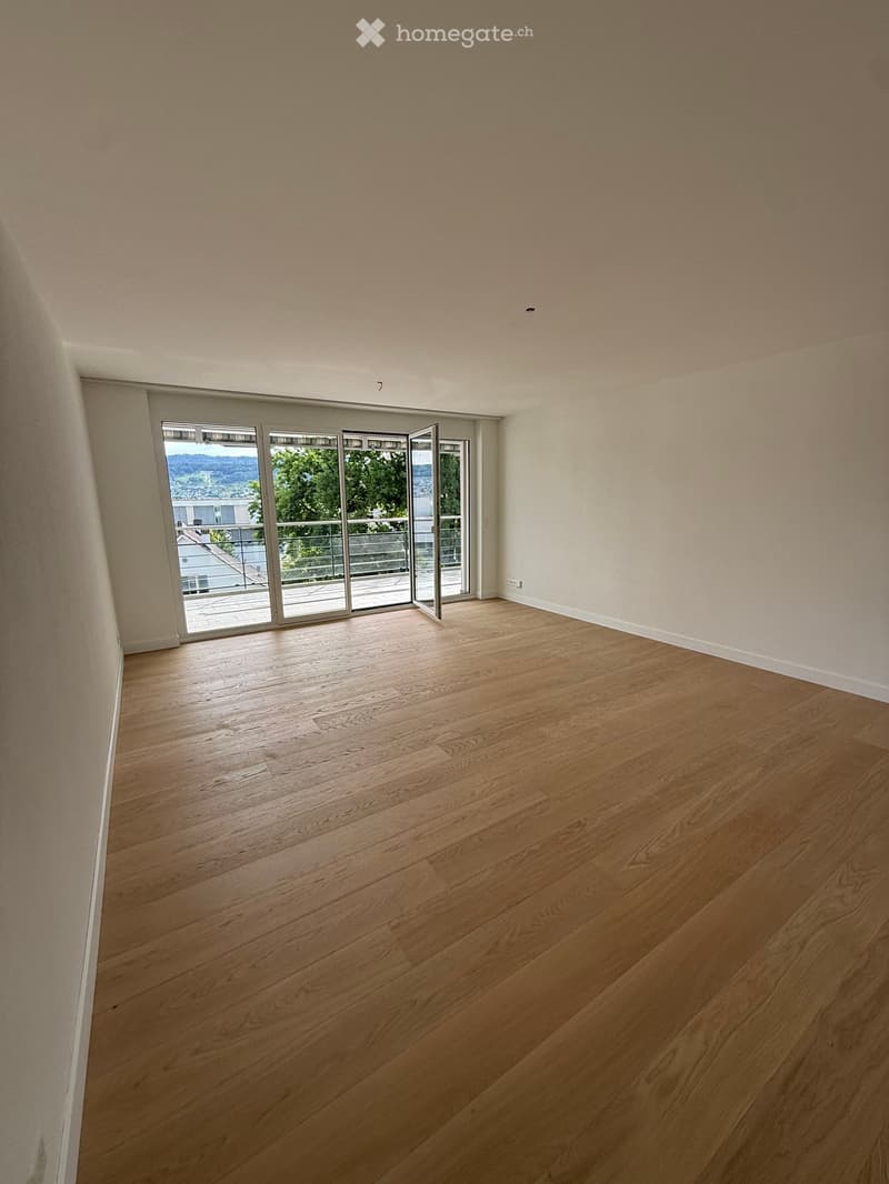 Empty room with light wooden flooring and large sliding glass doors leading to a balcony with a view of greenery and buildings.