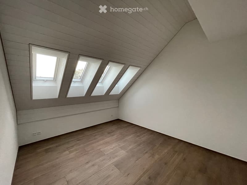 Empty attic room with wooden flooring, white walls, and four skylight windows allowing natural light.