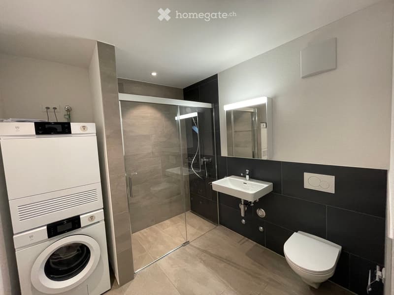 Modern bathroom with a white sink, toilet, mirror, washing machine, and a glass-enclosed shower area.