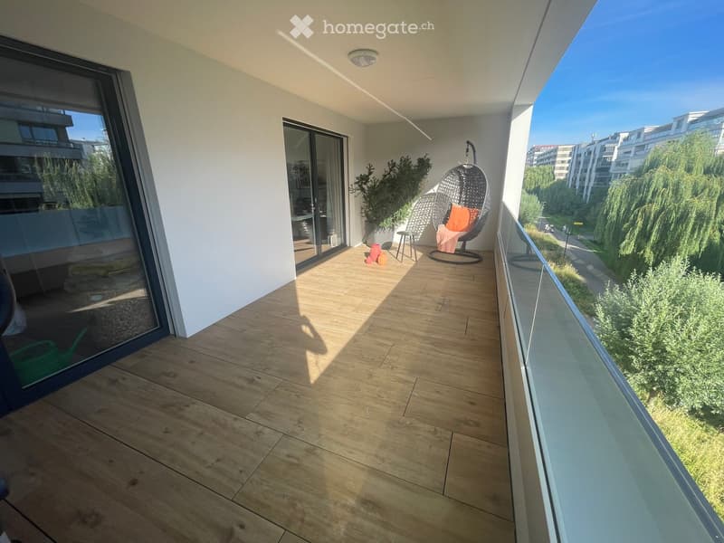 Balcony with wooden flooring, glass railing, wicker hanging chair, small stool, potted plant, and garden hose.