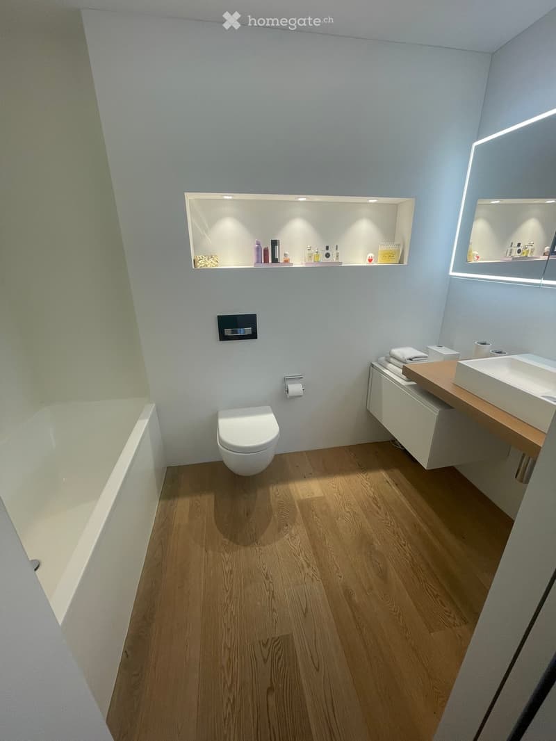 Modern bathroom with light blue walls, wooden flooring, a toilet, a sink with a wooden countertop, a mirror, and built-in shelves holding toiletries.