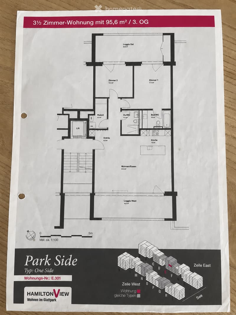 Floor plan of a 3.5-room apartment with 95.6 m² on the 3rd floor, including living/dining area, kitchen, two bedrooms, two bathrooms, and two loggias.