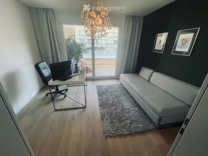 Modern living room with a grey sofa, a shaggy rug, a glass coffee table, a TV, a desk with a chair, and a chandelier.