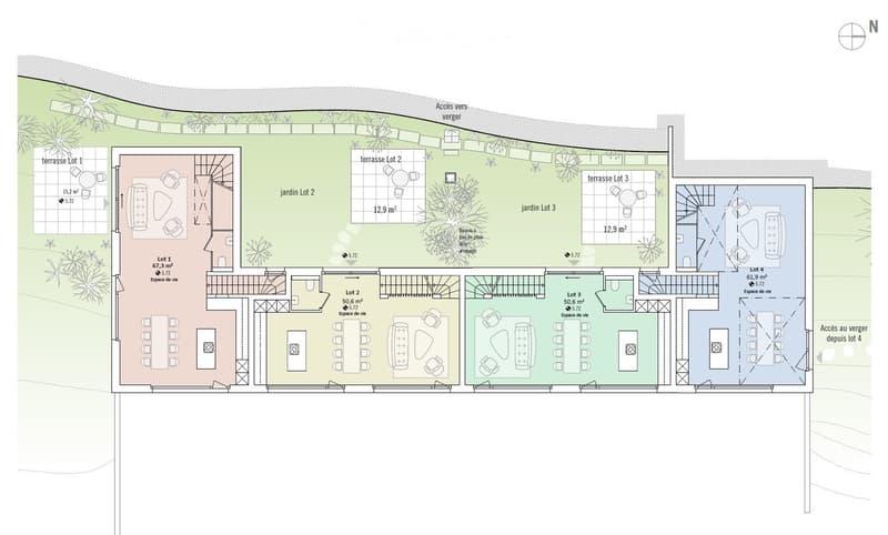 Floor plan showing four lots with living spaces, terraces, and gardens. Each lot includes seating areas, dining spaces, and outdoor terraces.