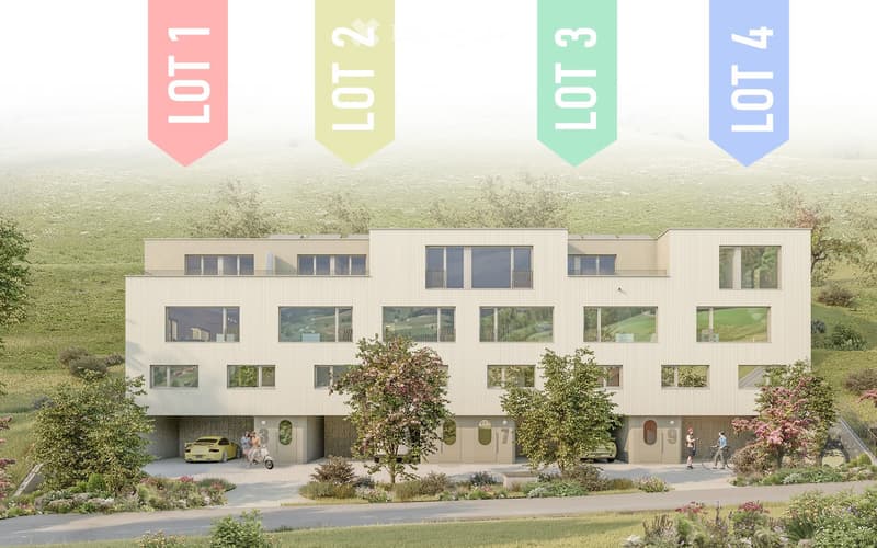 Modern multi-story building with large windows and balconies, surrounded by landscaped gardens and parking area.