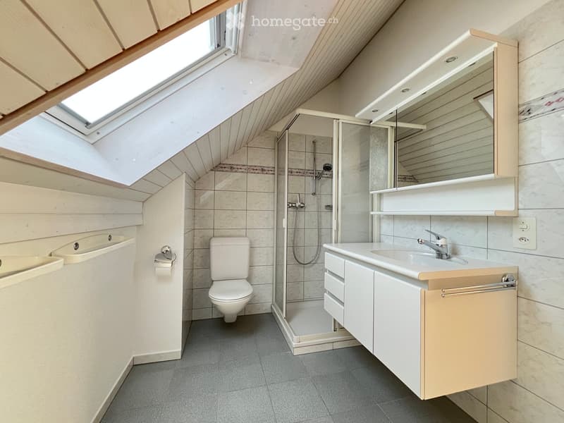 Modern bathroom with a skylight window, white tiled walls, a toilet, a sink with a mirror, a shower, and a bathtub.