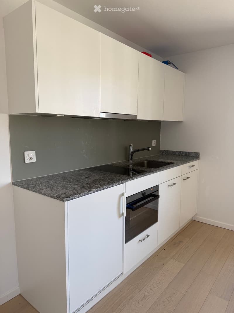 Modern kitchen with white cabinets, granite countertop, sink, and built-in oven.