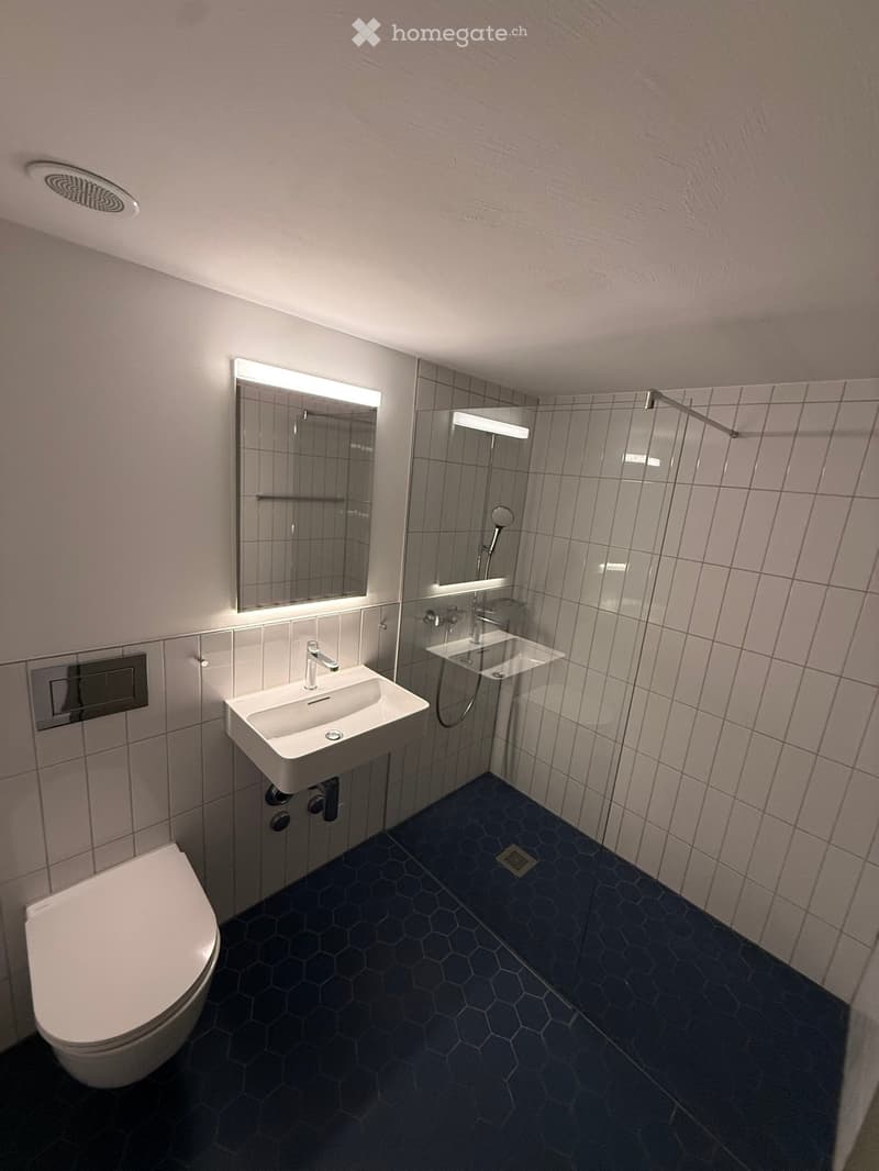 Modern bathroom with hexagonal dark blue tiles, white sink, toilet, and illuminated mirror above the sink.