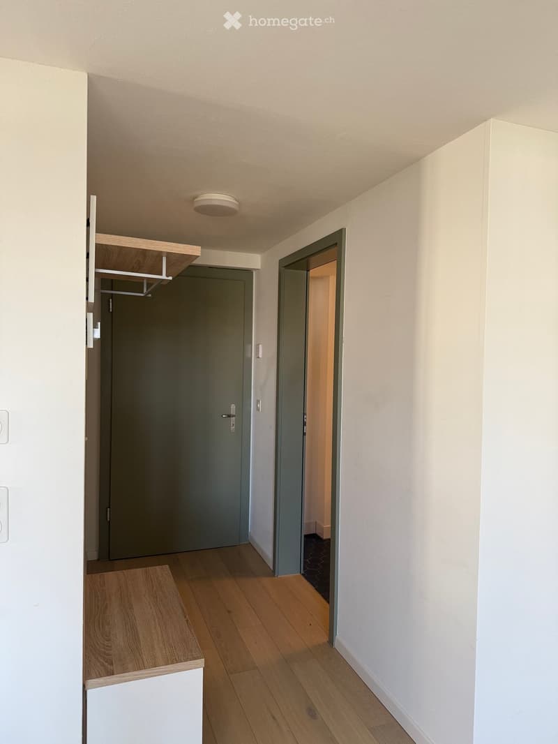 A narrow hallway with light wooden flooring, white walls, and two doors. One door is closed, and the other is open, revealing a glimpse of another room. A small wooden shelf is mounted on the left wall, and a ceiling light fixture is visible.