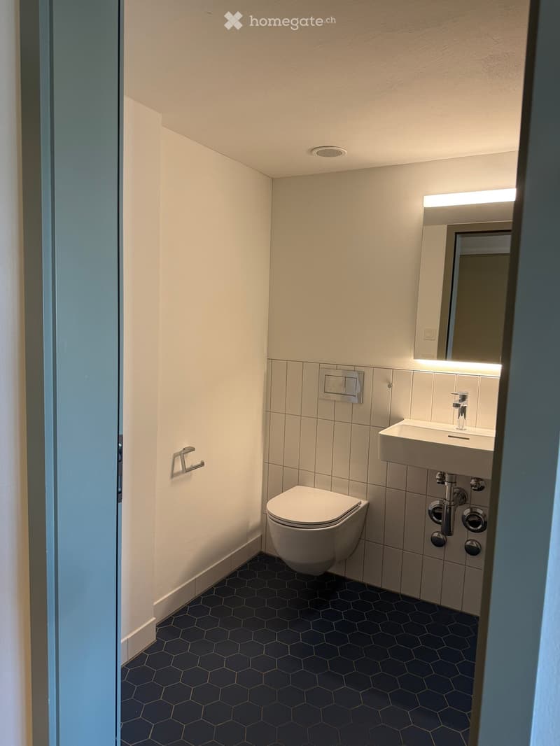 Modern bathroom with hexagonal dark blue tiles, white toilet, sink with chrome faucet, and illuminated mirror.