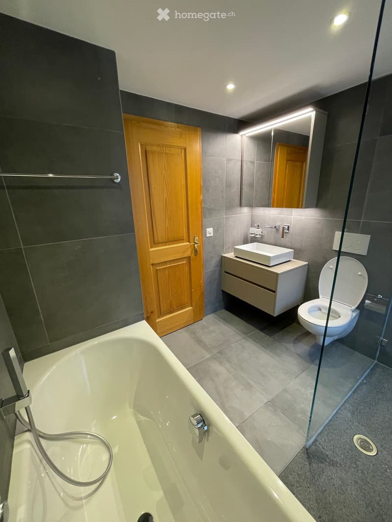 Modern bathroom with a bathtub, toilet, sink, and a large mirror with built-in lighting. The space features grey tiles and a wooden door.