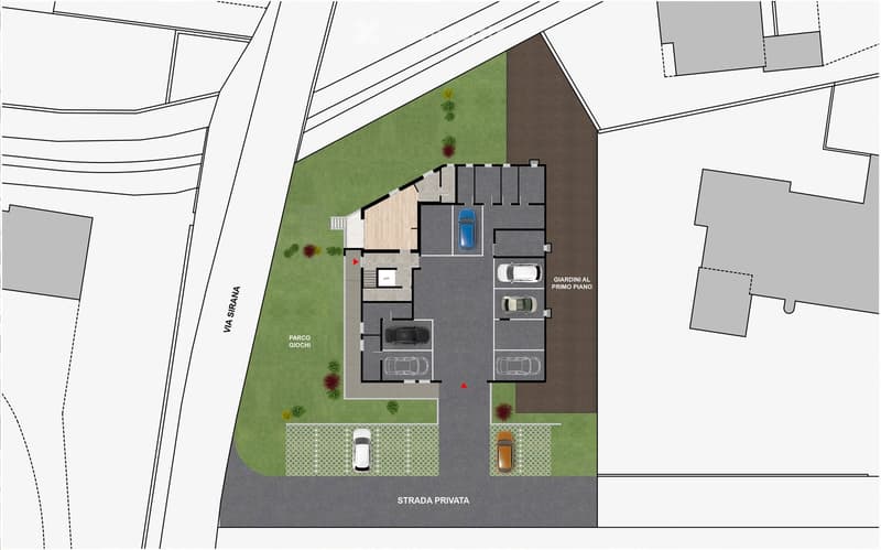 The image shows a floor plan of a property. It includes a living area, a kitchen, a bedroom, and a bathroom. There is also a garage and parking spaces visible on the property.