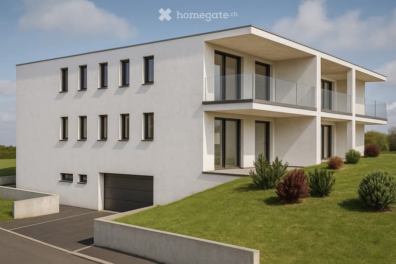 Two-story modern house with a flat roof, large windows, and a garage. The exterior is painted in a light color with a grassy lawn and landscaping around the property.