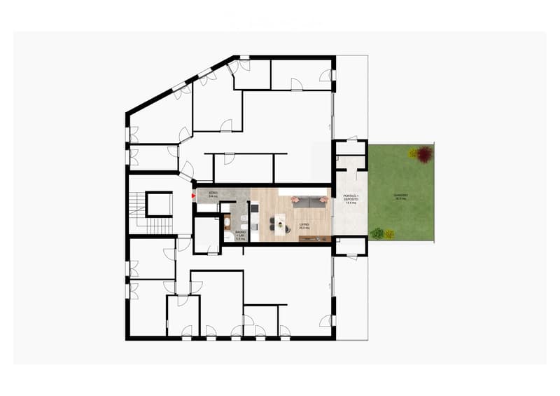 Living room, Kitchen, 1 bedroom, 1 bathroom, balcony, laundry room, storage room
