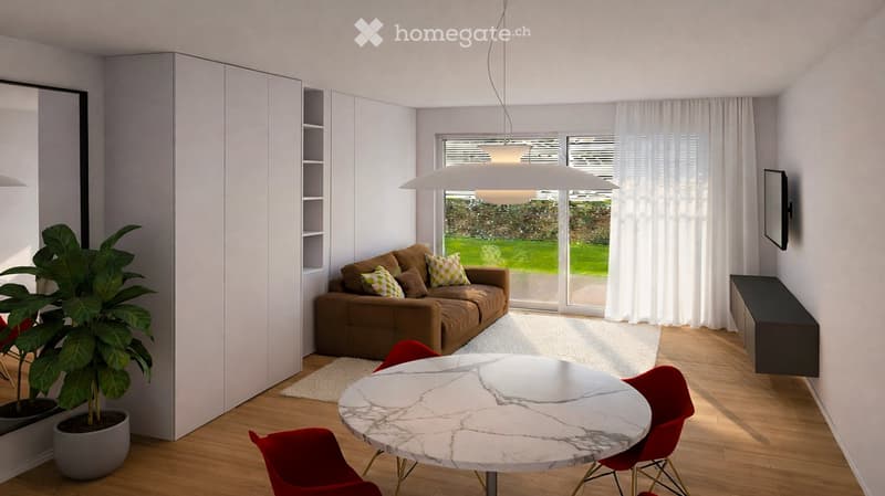modern living room with white curtains, brown sofa, round marble table, 4 red chairs, plant, hanging light, wall-mounted TV, wooden floor