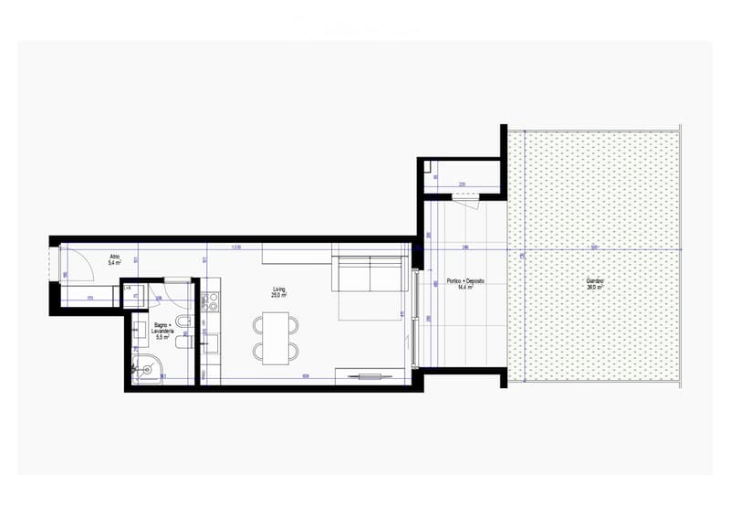 1 bedroom, living room, bathroom, balcony, kitchen, garden, entrance from patio