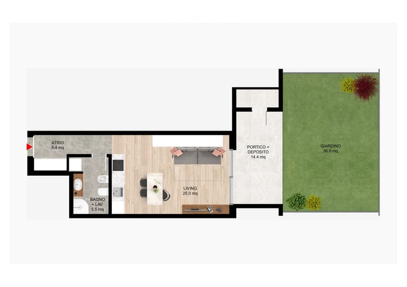 Entrance hall, living room, kitchen, 1 bedroom, bathroom, porch, balcony, yard